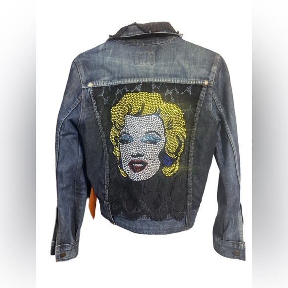 iconic couture Jackets & Blazers - Iconic Couture Rhinestone Marilyn Monroe Denim Jacket – Lace Inlay – Size Small